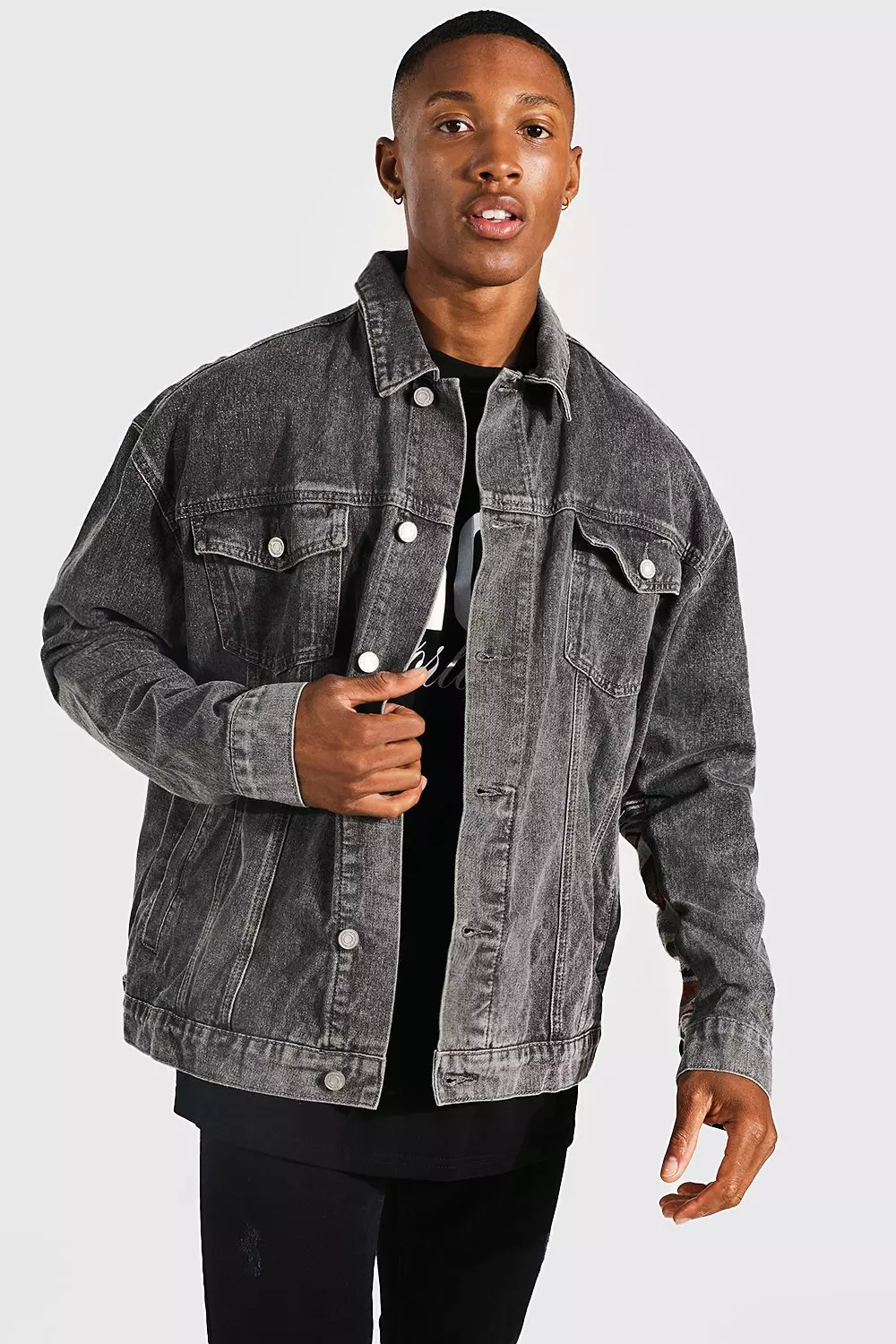 Oversized Tapestry Studded Denim Jacket boohooMAN USA